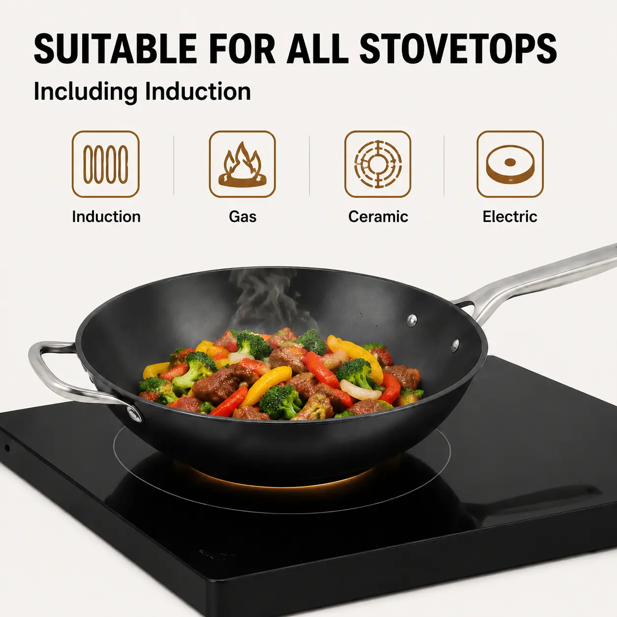 Factory New Arrival Design Seasoned Carbon Steel 30/35 Cm Wok Pan Naturally Non Stick Pans Skillets Induction Compatible