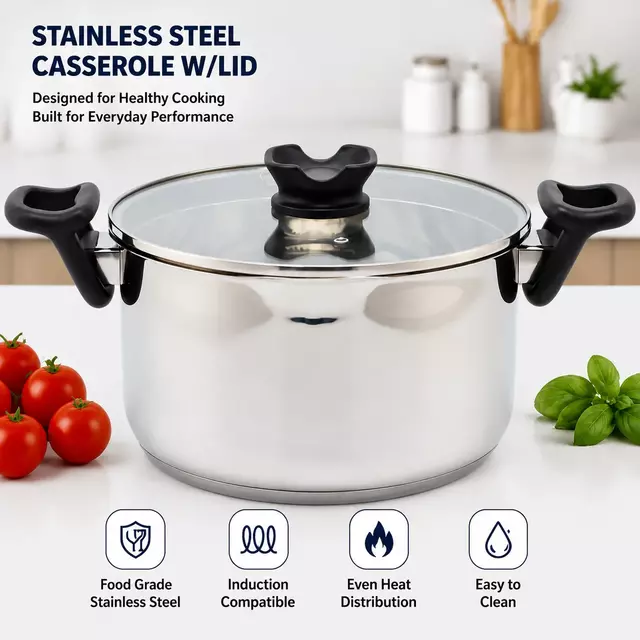 Factory Supply Stainless Steel Casserole Pots With Bakelite Handle and Tempered Glass Lid Brazed Bottom Pots Casserole
