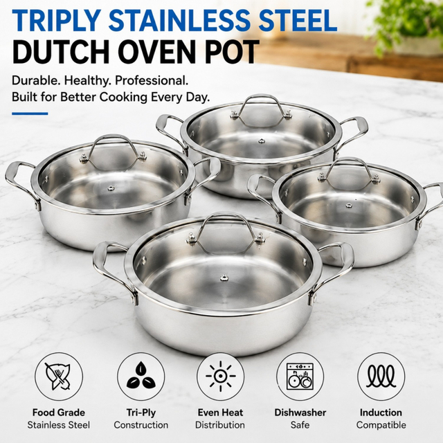 Factory New Arrival Tri-ply Stainless Steel Dutch Oven Cooking Pot Set Eco-Friendly Oven Safe Tempered Glass Lid Dishwasher Safe