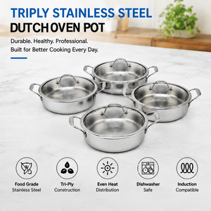 Factory New Arrival Tri-ply Stainless Steel Dutch Oven Cooking Pot Set Eco-Friendly Oven Safe Tempered Glass Lid Dishwasher Safe