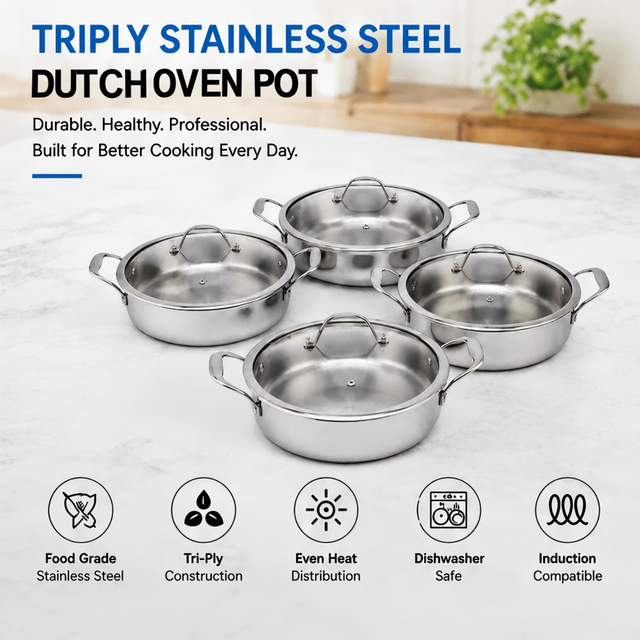 Factory New Arrival Tri-ply Stainless Steel Dutch Oven Cooking Pot Set Eco-Friendly Oven Safe Tempered Glass Lid Dishwasher Safe