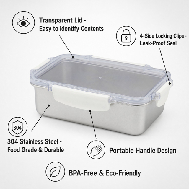 2026 New Design Factory 304 Stainless Steel Fresh-keeping Lunch Box Kitchen Fruit Kids Food Container Crisper Set with Lid Handle