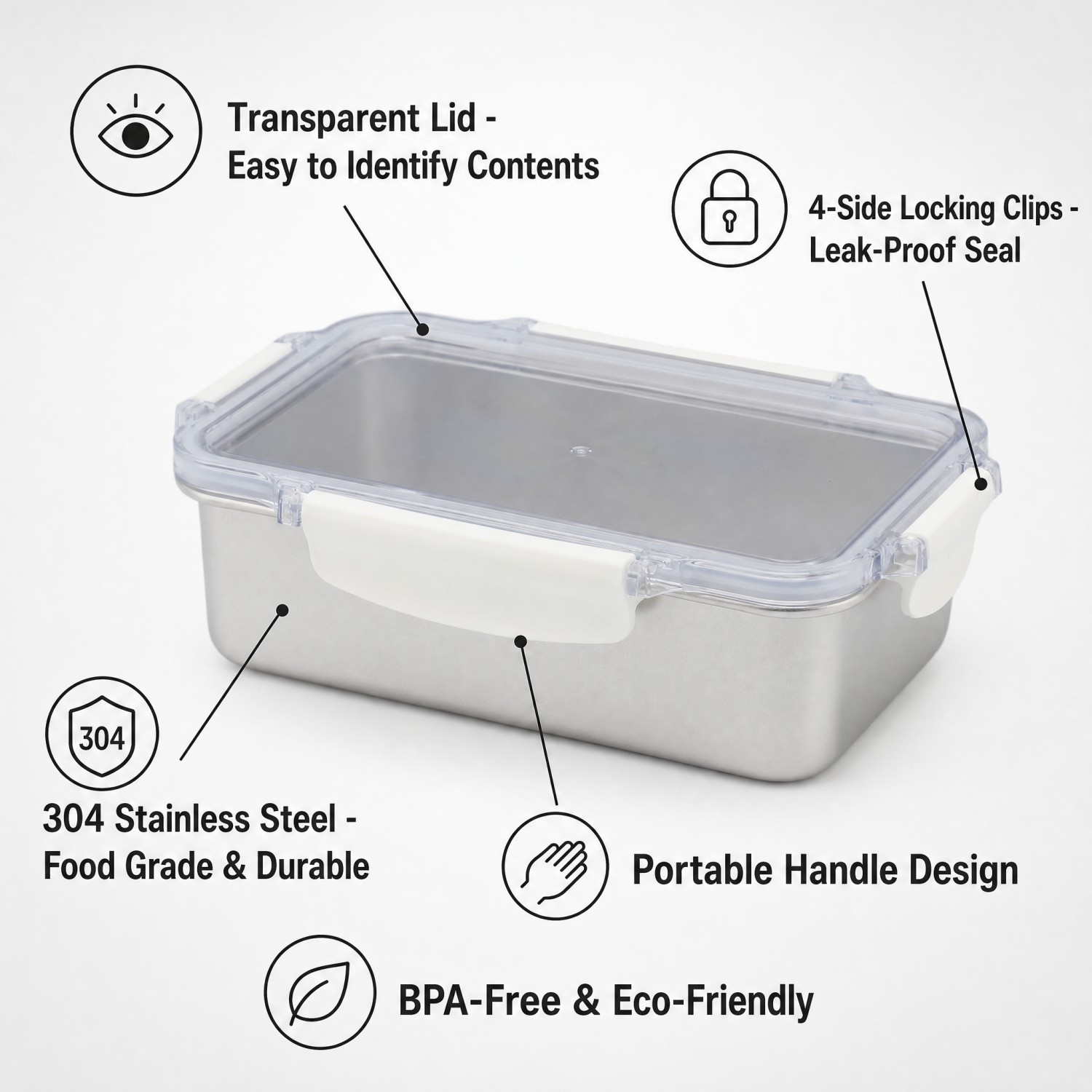 2026 New Design Factory 304 Stainless Steel Fresh-keeping Lunch Box Kitchen Fruit Kids Food Container Crisper Set with Lid Handle
