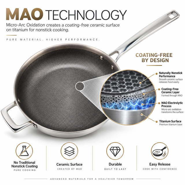 New Arrival Tri-ply Titanium Frypan Coating-free MAO Technology Create Natural Ceramic Nonstick Cooking Pot Wok Cookware Sets