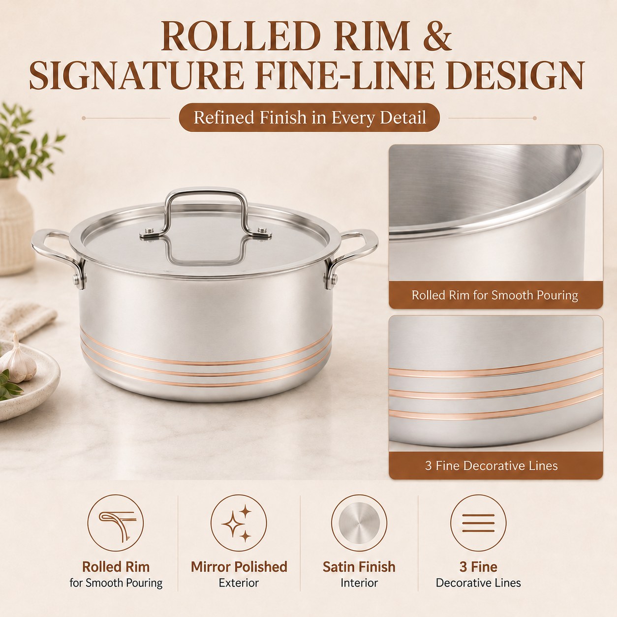 Factory Supply 5-ply Copper Pots 10 PCS Cookware Set With Stainless Steel Lid 5-ply Copper Pots Casserole Fine-line Design