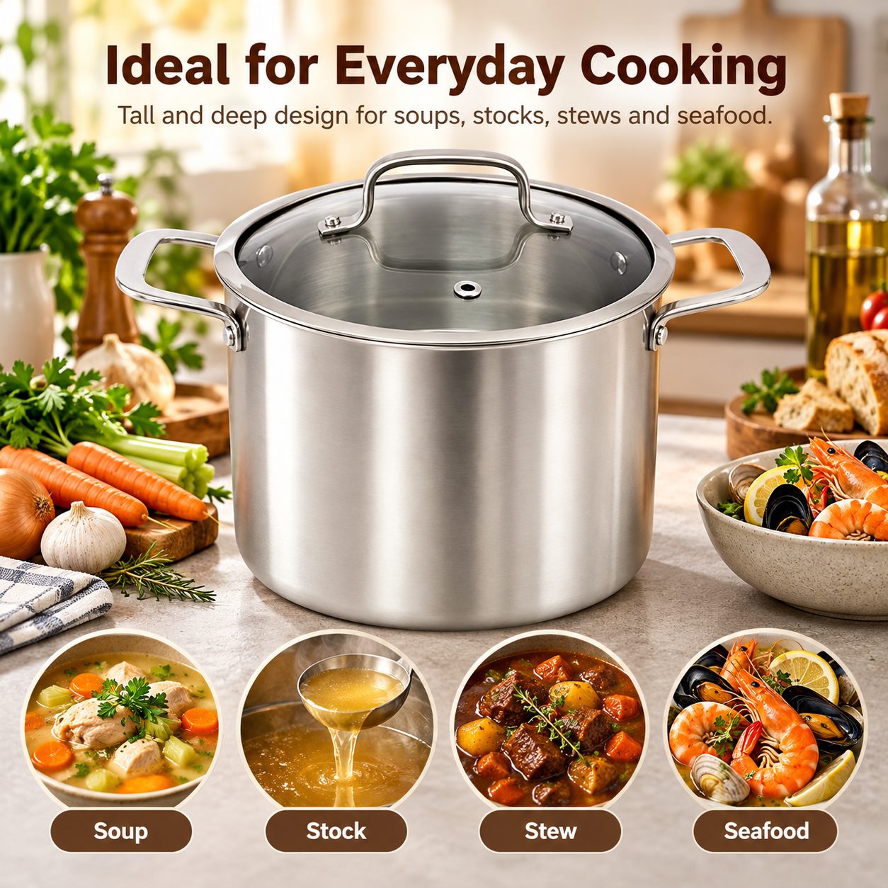 Factory Supply Tri-ply Stainless Steel Tall Stockpot Set With Stainless Steel Handle & Glass Lid Stockpot Suitable All Cooktops