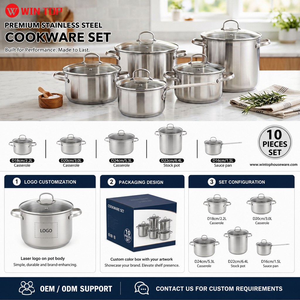Factory New Arrival 10 Pcs Stainless Steel Cookware Set with Handle Cooking Pots And Pans Brazed Bottom Cookware Set Casserole