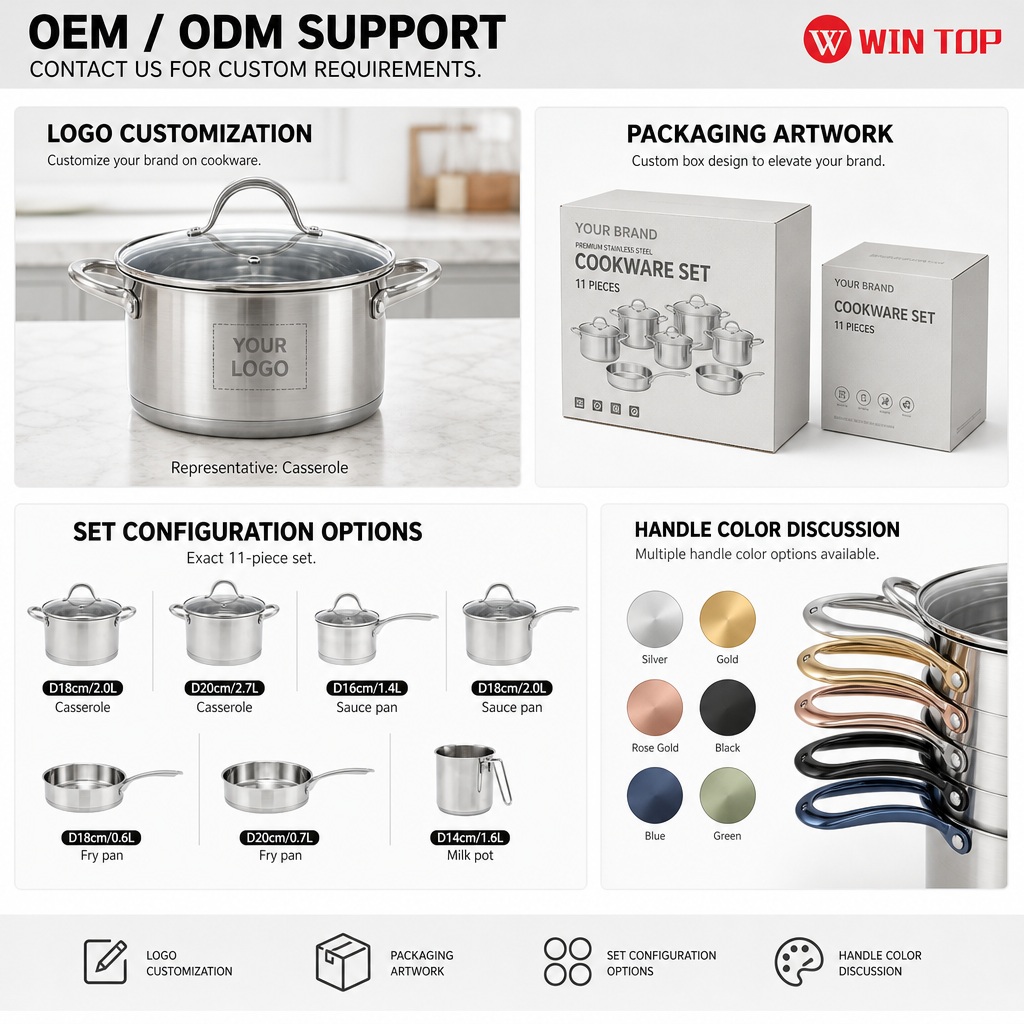Factory New Arrival 11 Pcs Stainless Steel Cooking Pots and Pans with Handle Cookware Set Brazed Bottom Cookware Set Casserole