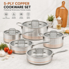 Factory New Arrival 10 Pieces 5-ply Copper Cookware Sets 5-ply Kitchen Cooking Pot with Stainless Steel Handle Fine-line Design
