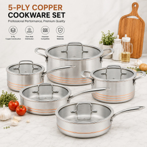 Factory New Arrival 10 Pieces 5-ply Copper Cookware Sets 5-ply Kitchen Cooking Pot with Stainless Steel Handle Fine-line Design