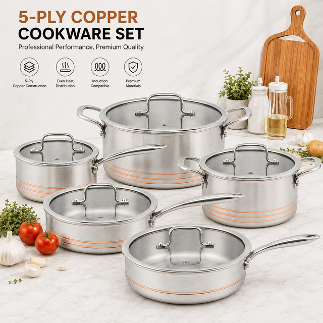 Factory New Arrival 10 Pieces 5-ply Copper Cookware Sets 5-ply Kitchen Cooking Pot with Stainless Steel Handle Fine-line Design