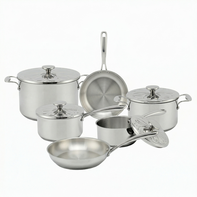 Factory New Arrival Stainless Steel Cookware Set Cooking Pots Impact Bonded Bottom Cookware Set Frypan Saucepan
