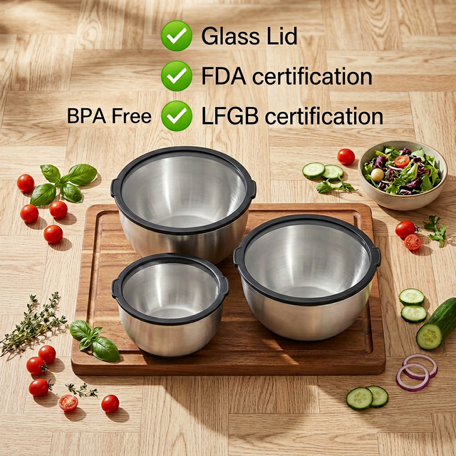 Customized Mixing Bowls Set 3QT 5QT Stainless Steel Mixing Bowl With Glass Lid