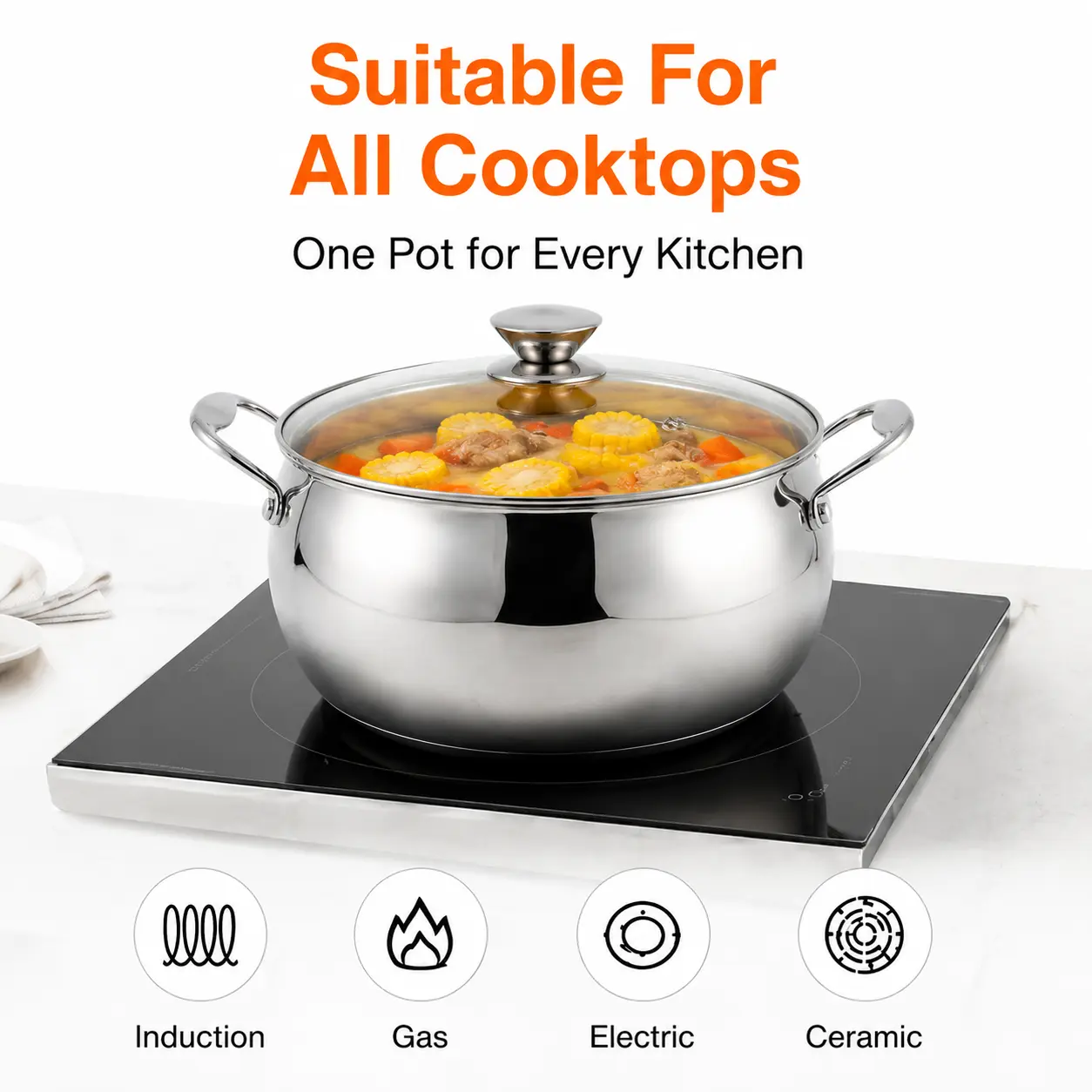 Factory Supply Stainless Steel Apple-Shaped Casserole With Stainless Steel Handle and 4mm Glass Lid Brazed Bottom Pots Casserole