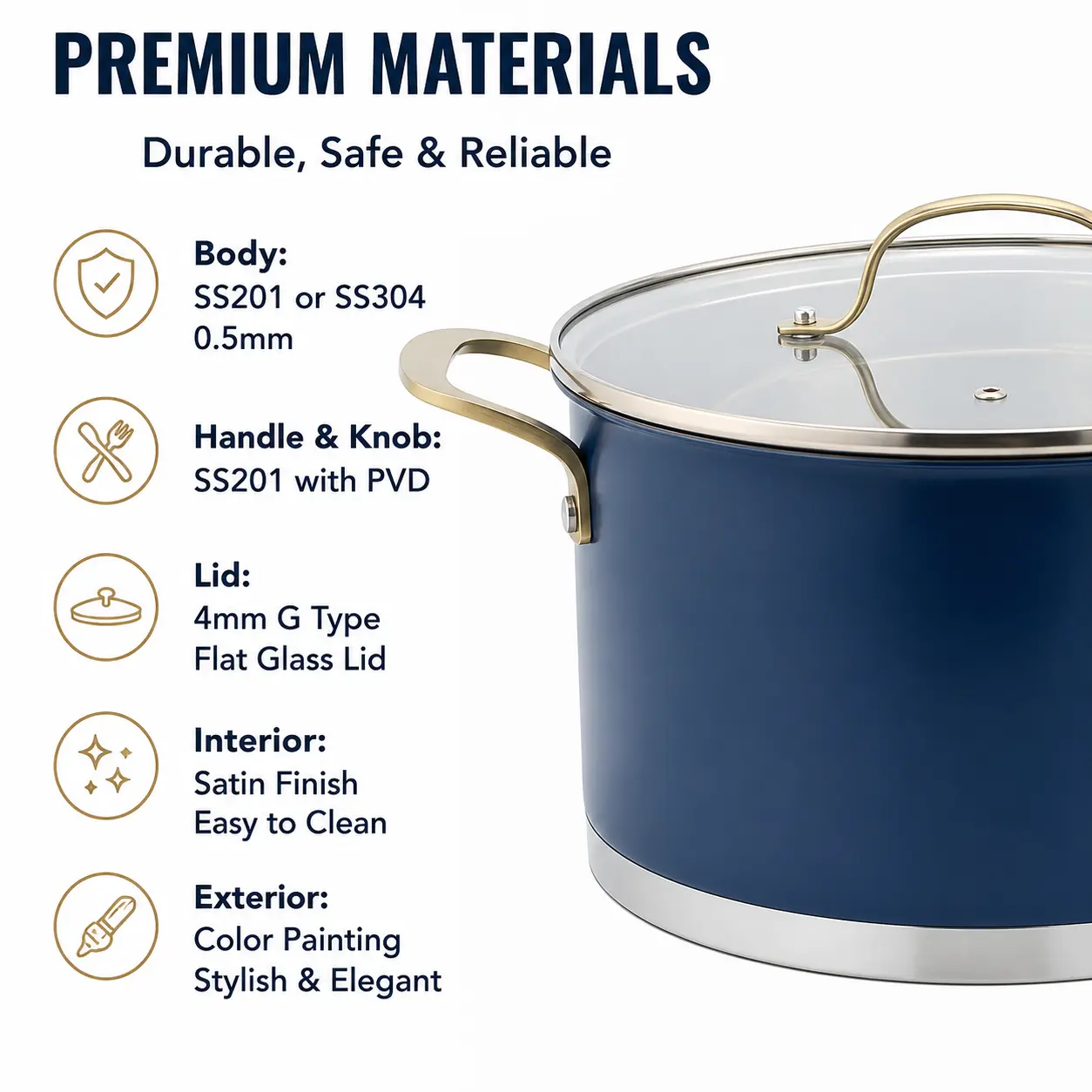Factory New Arrival Stainless Steel Cookware Set with Golden Handle Cooking Pots and Pans Brazed Bottom Cookware Set Saucepan