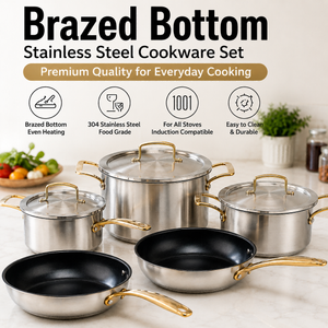 Factory New Arrival Stainless Steel Cookware Set with Golden Handle Cooking Pots Brazed Bottom Cookware Set Saucepan Casserole