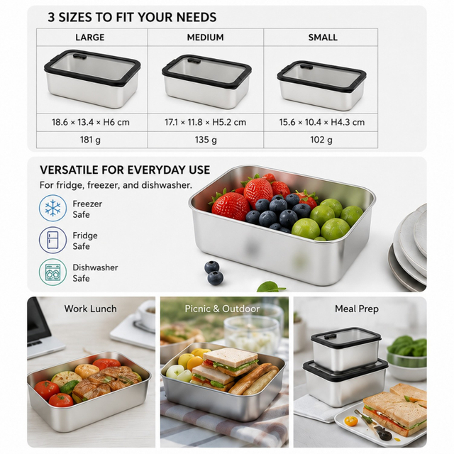 New Design 304 Stainless Steel Fresh-keeping Lunch Box Glass Cover Leak-proof Heating Food Grade Microwave Sealed Box