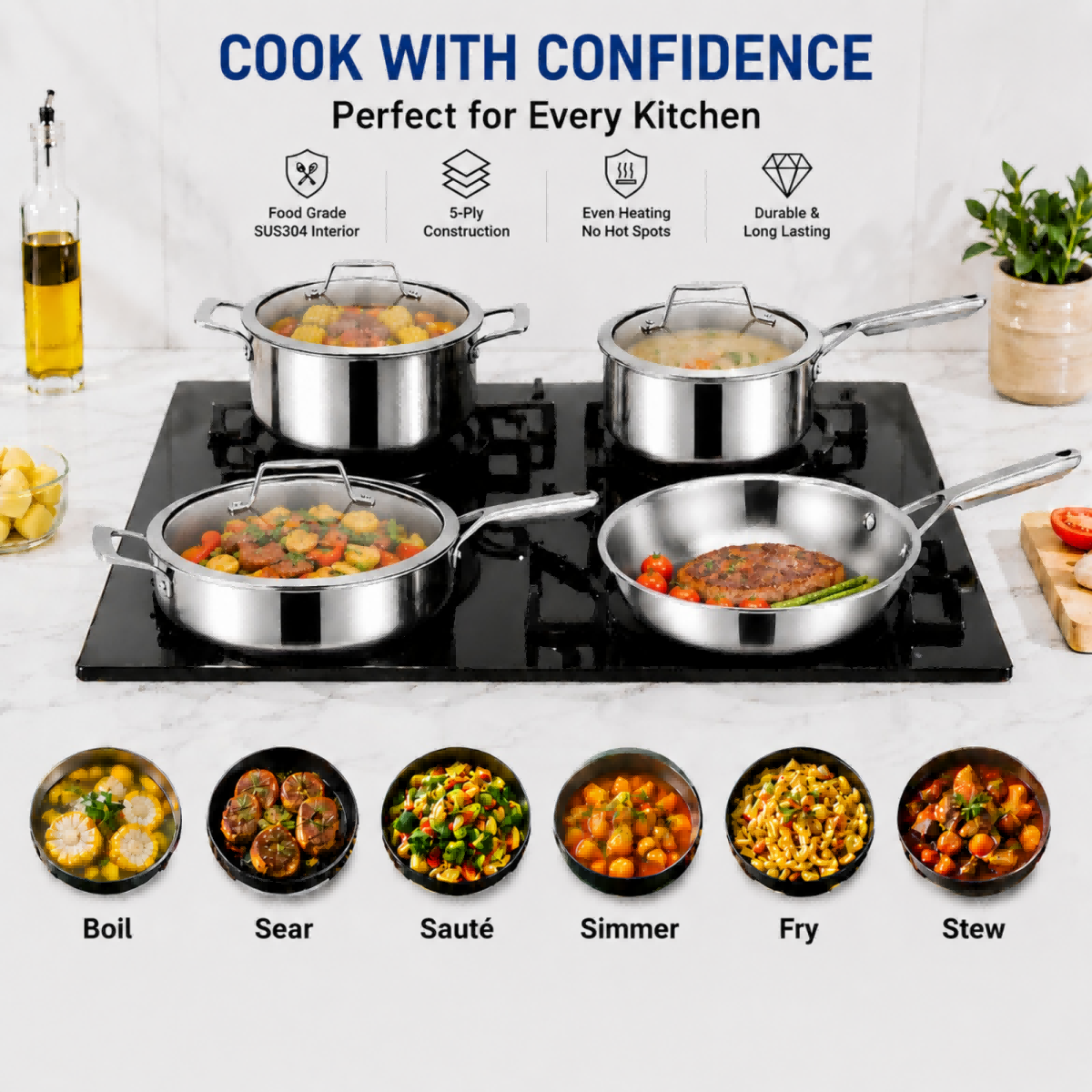 Factory New Arrival 7 Pieces 5-ply Stainless Steel Cookware Sets 5-ply Kitchen Cooking Pan Pot Set with Stainless Steel Handle