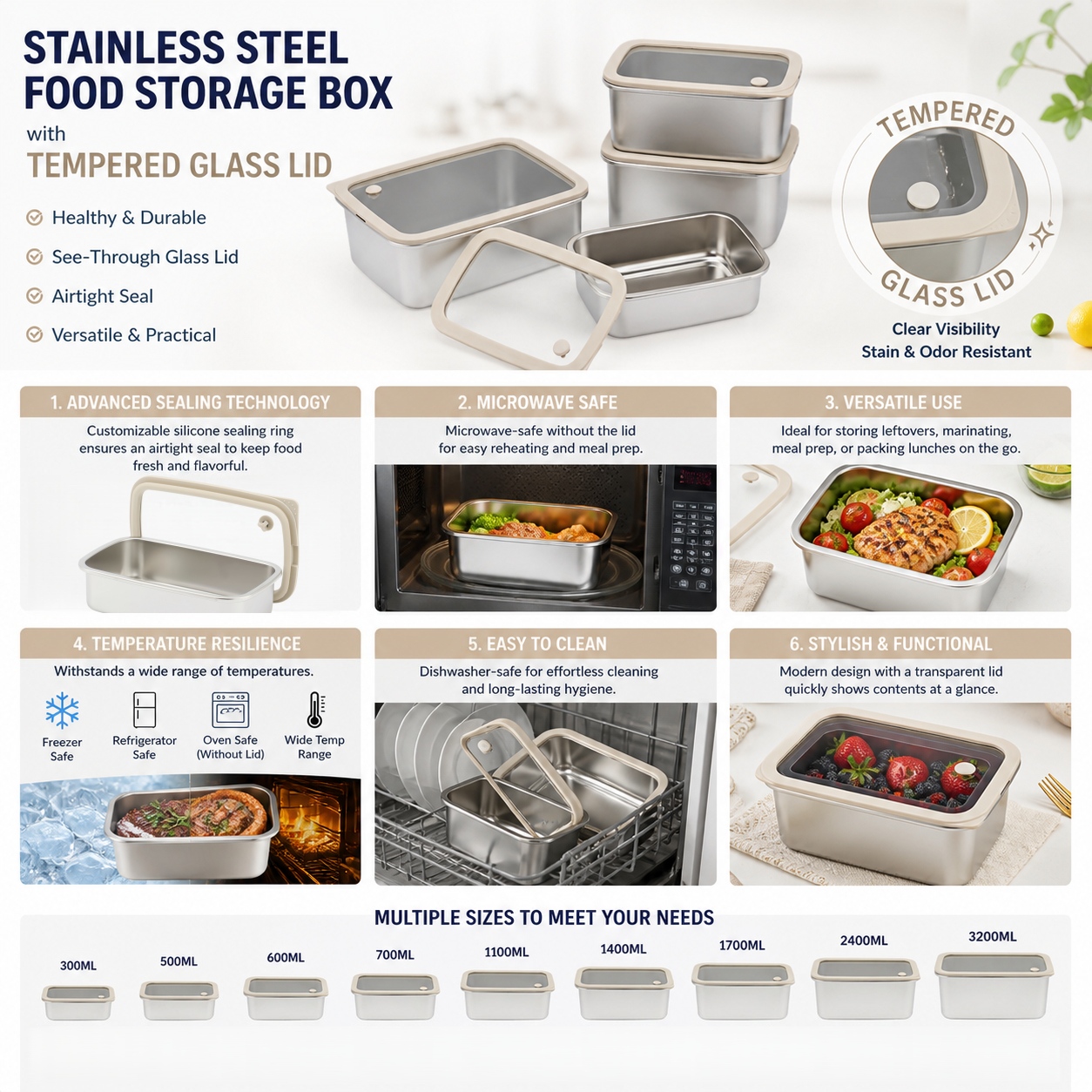 New Design Factory 304 Stainless Steel Fresh-keeping Lunch Box Glass Cover Leak-proof Heating Food Grade Microwave Sealed Box