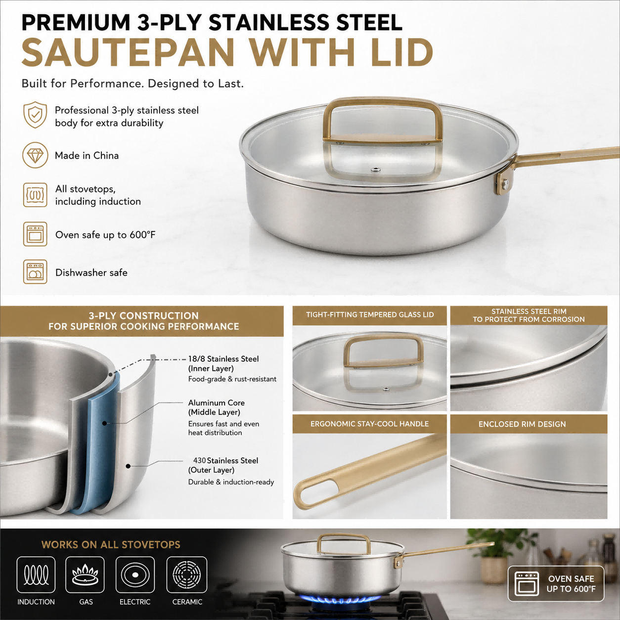 Factory New Arrival Multipurpose Tri-Ply Stainless Steel Saute Pan with Cover And Golden Handle Stainless Steel Deep Saute Pan