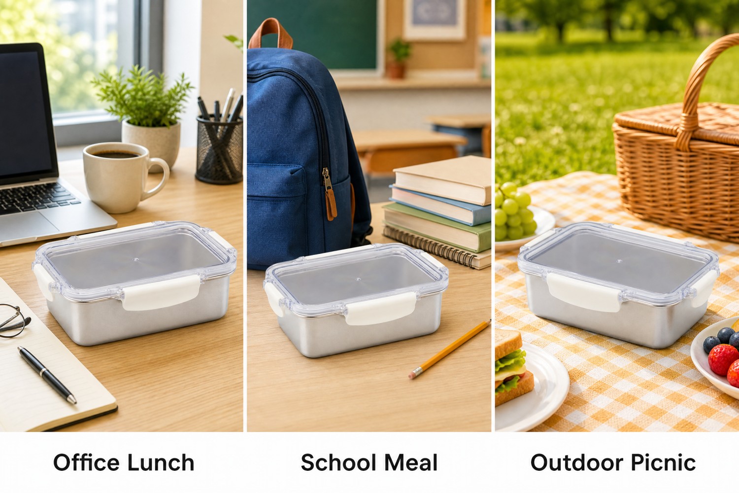 2026 New Design Factory 304 Stainless Steel Fresh-keeping Lunch Box Kitchen Fruit Kids Food Container Crisper Set with Lid Handle