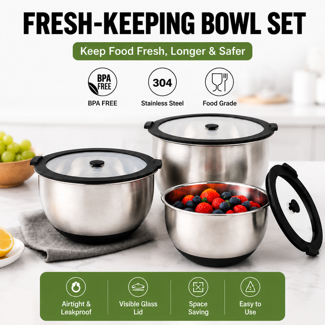 Factory Arrival Stainless Steel Non Slip Salad Mixing Bowl Set With Glass Lids Home Kitchenware for Salad Cooking Baking