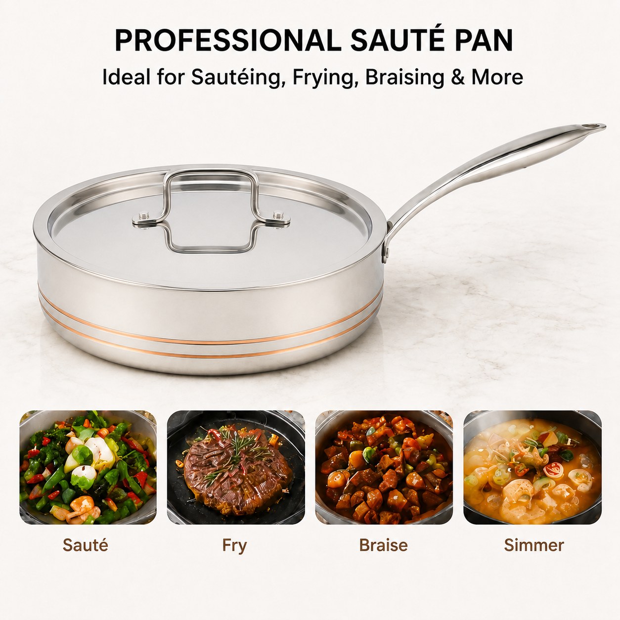 Factory Supply Wholesale 5-ply Copper Saute Pan Kitchen Cooking 5-ply Copper Frypan with Stainless Steel Lid Fine-line Design