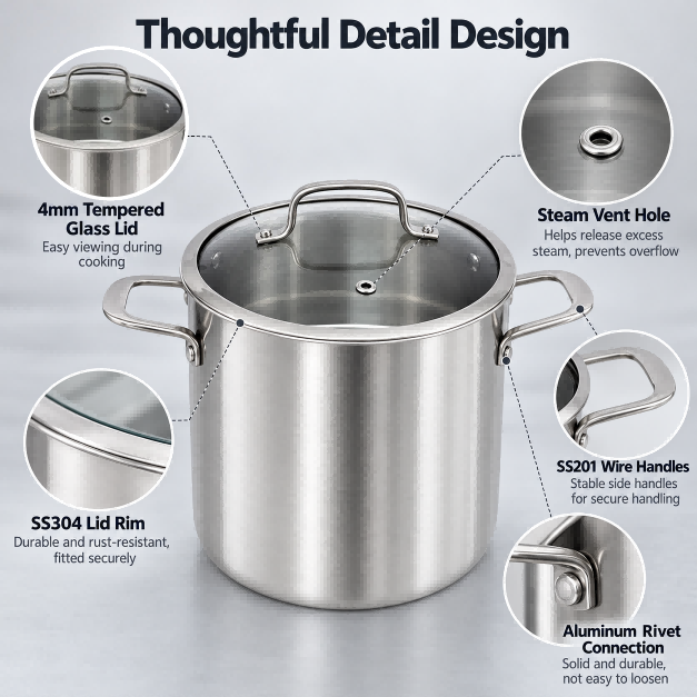 Factory Supply Tri-ply Stainless Steel Tall Stockpot Set With Stainless Steel Handle & Glass Lid Stockpot Suitable All Cooktops