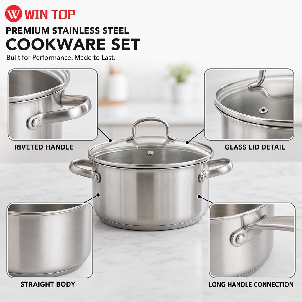 Factory New Arrival 10 Pcs Stainless Steel Cookware Set with Handle Cooking Pots And Pans Brazed Bottom Cookware Set Casserole