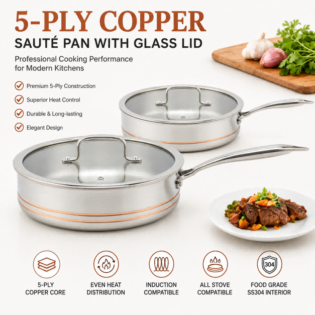 Factory Supply Wholesale 5-ply Copper Sautepan Kitchen Cooking 5-ply Copper Fry Pan with Stainless Steel Handle Fine-line Design