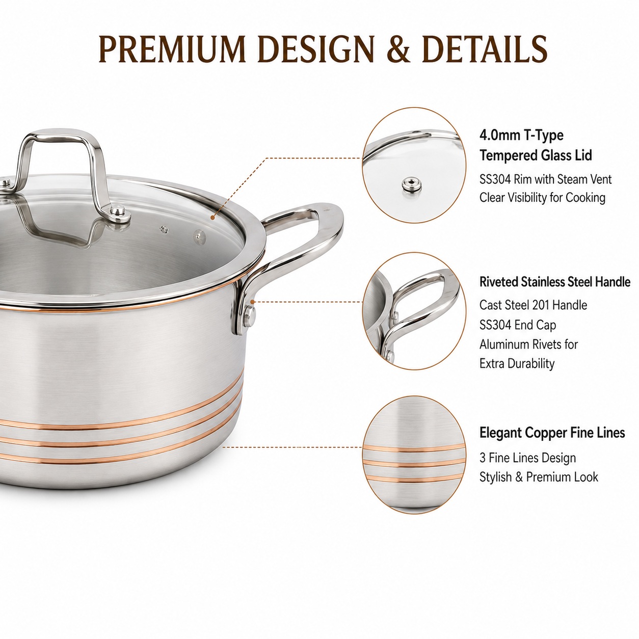 Factory New Arrival 10 Pieces 5-ply Copper Cookware Sets 5-ply Kitchen Cooking Pot with Stainless Steel Handle Fine-line Design