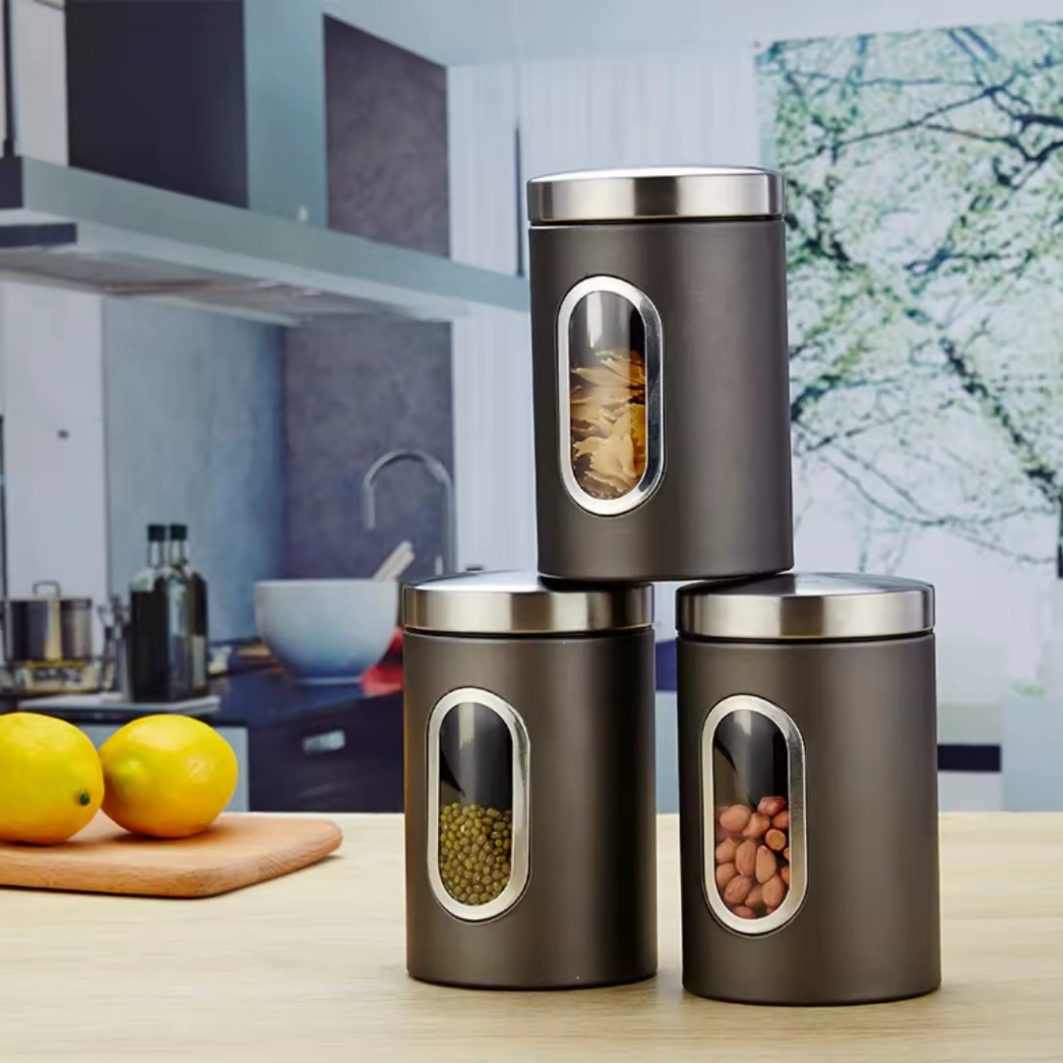 Kitchen Supplies Stainless Steel Storage Jars Visible Glass Sealed Jars Grain Tea Cans Food Storage Jars