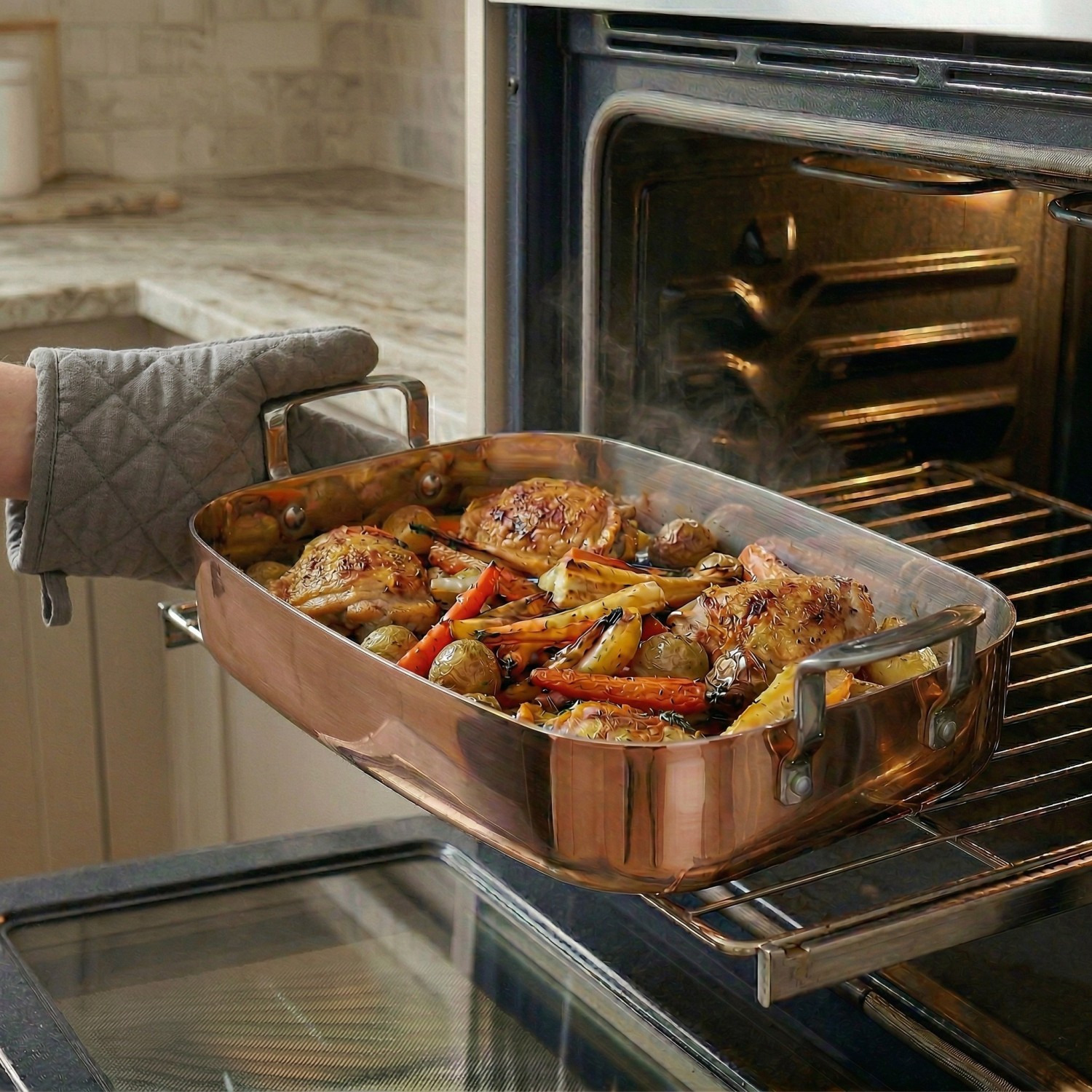 Factory Wholesale Tri-ply Copper Roaster Au & Baking Pans Rectangular Shape Dishwasher Safe Roaster With Side Handle Easy Clean