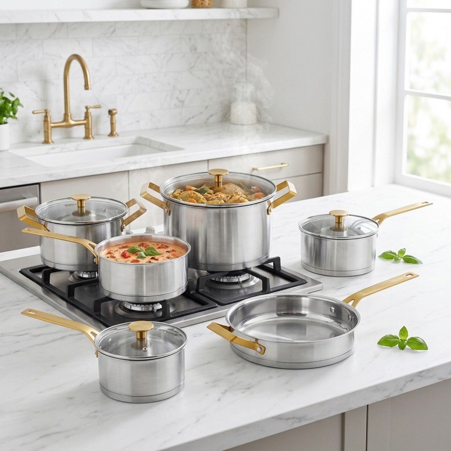 Factory New Arrival Stainless Steel Cookware Set with Golden Handle Cooking Pots Brazed Bottom Cookware Set Saucepan Saute Pan