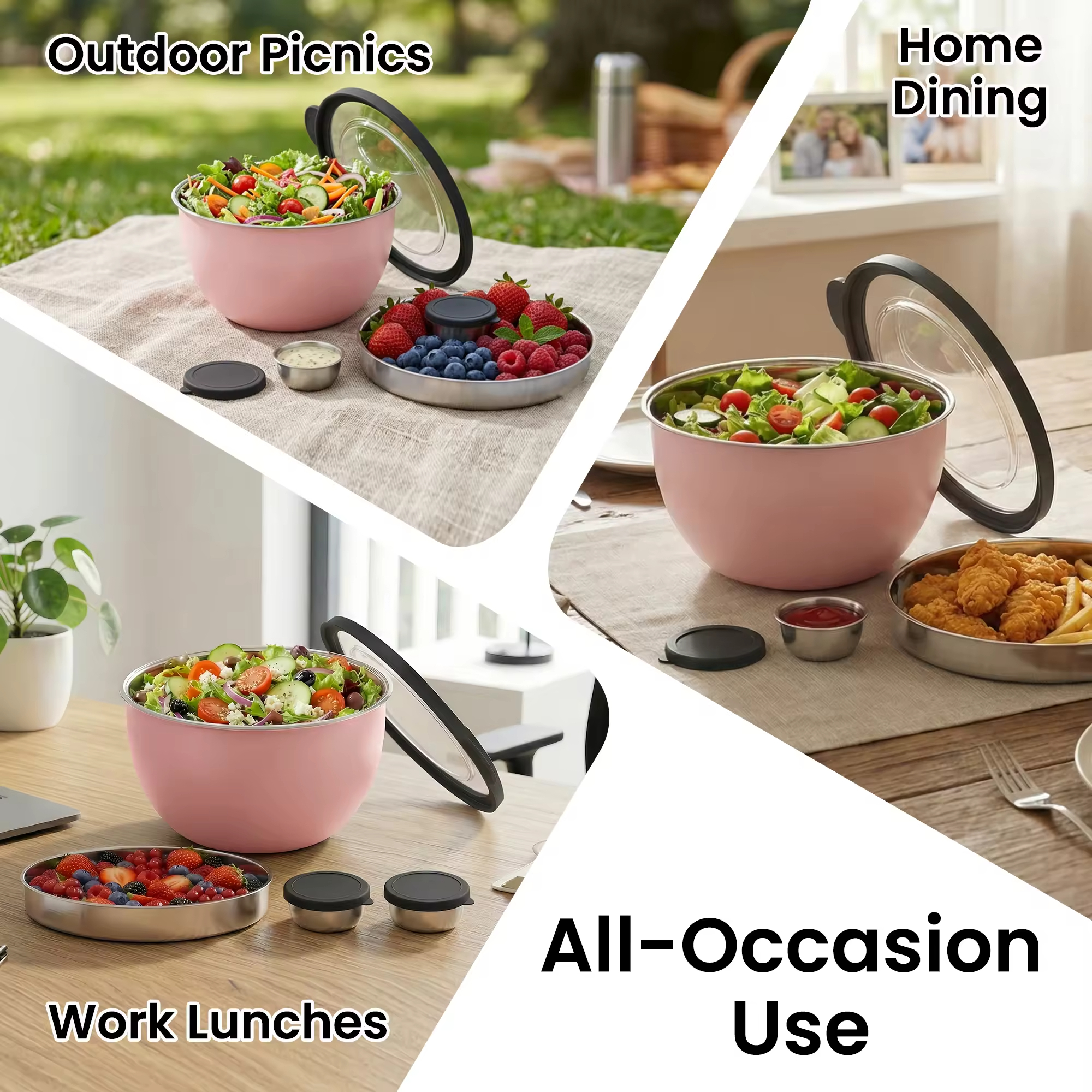 Wholesale Stainless Steel Salad Mixing Bowl Set With Tray Sauce Bowl Lid Home Kitchenware with Non-Slip Base Eco-Friendly