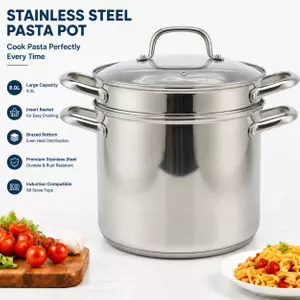 Factory Supply 8 Liter Stainless Steel Pasta Cooking Pot Set With 24cm Strainer for Pasta Steamer With Glass Lid Multi-Pot