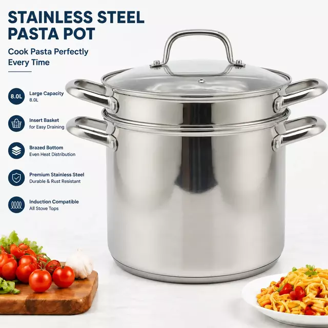 Factory Supply 8 Liter Stainless Steel Pasta Cooking Pot Set With 24cm Strainer for Pasta Steamer With Glass Lid Multi-Pot
