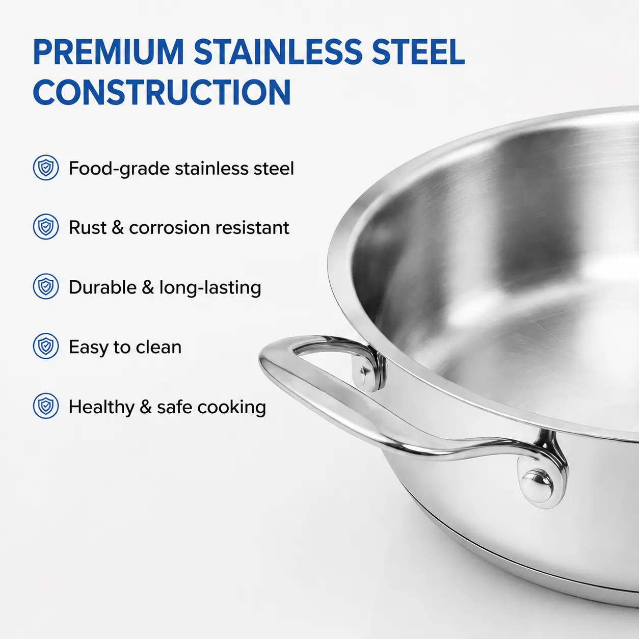 Factory Supply Stainless Steel Shallow Pot With Stainless Steel Handle and Glass Lid Brazed Bottom Pots Shallow Pot All Cooktops