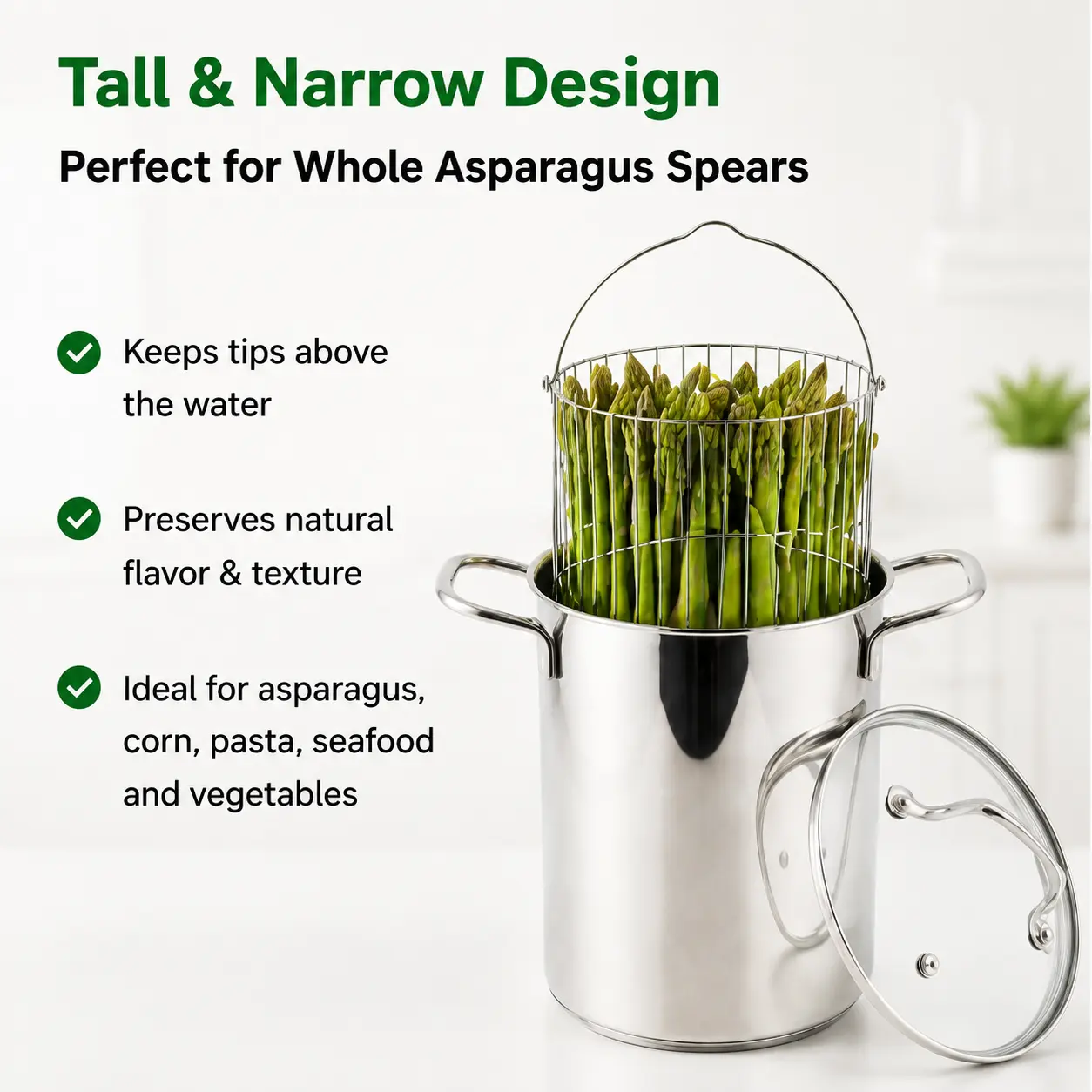 Factory Supply Wholesale Stainless Steel Deep Fryer Pot Asparagus Pot with Handle & Lid & Inner Rack Basket Tall Body Pasta Pot