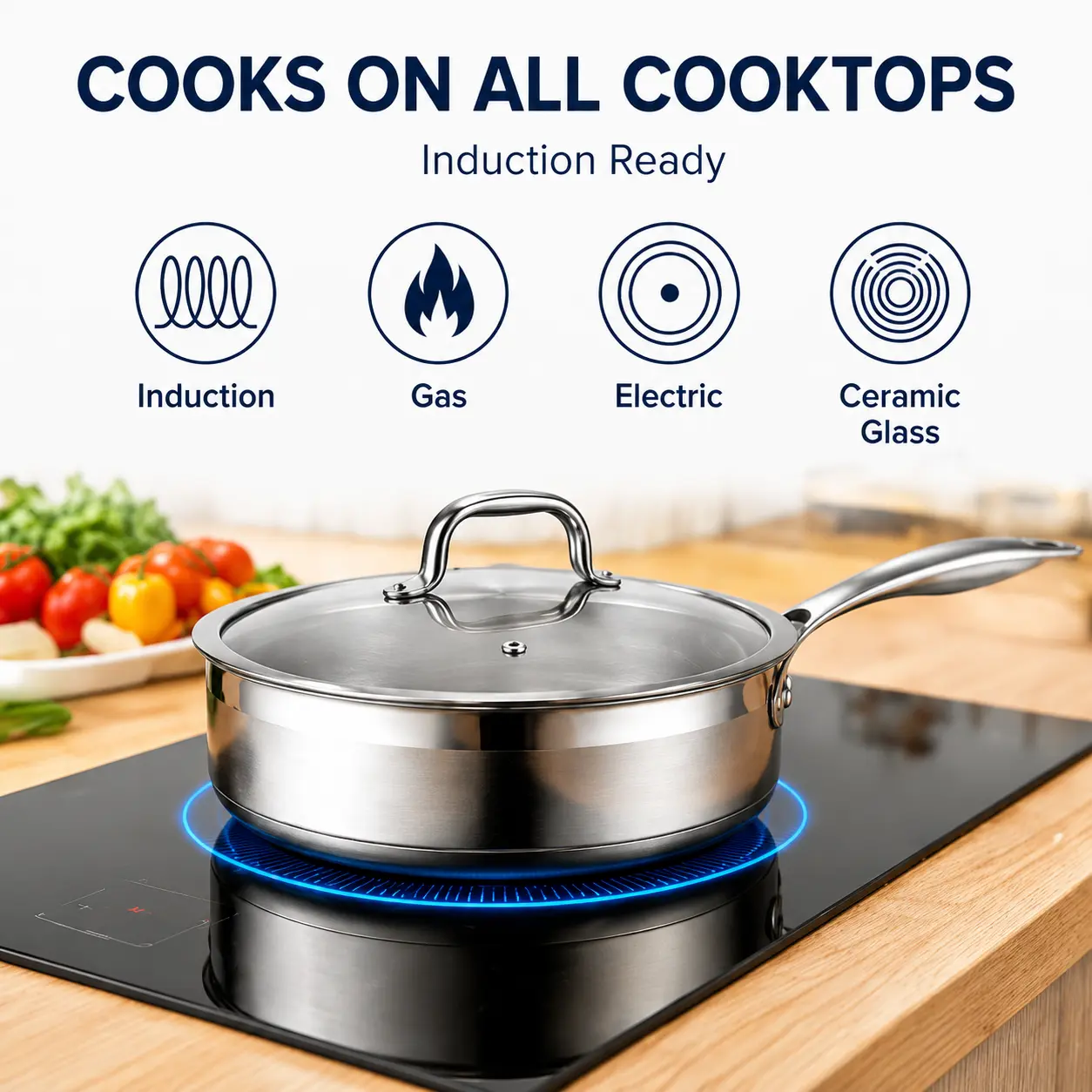Factory Supply Stainless Steel Saute Pans With Stainless Steel Handle and Glass Lid Brazed Bottom Pans Saute Pans All Cooktops