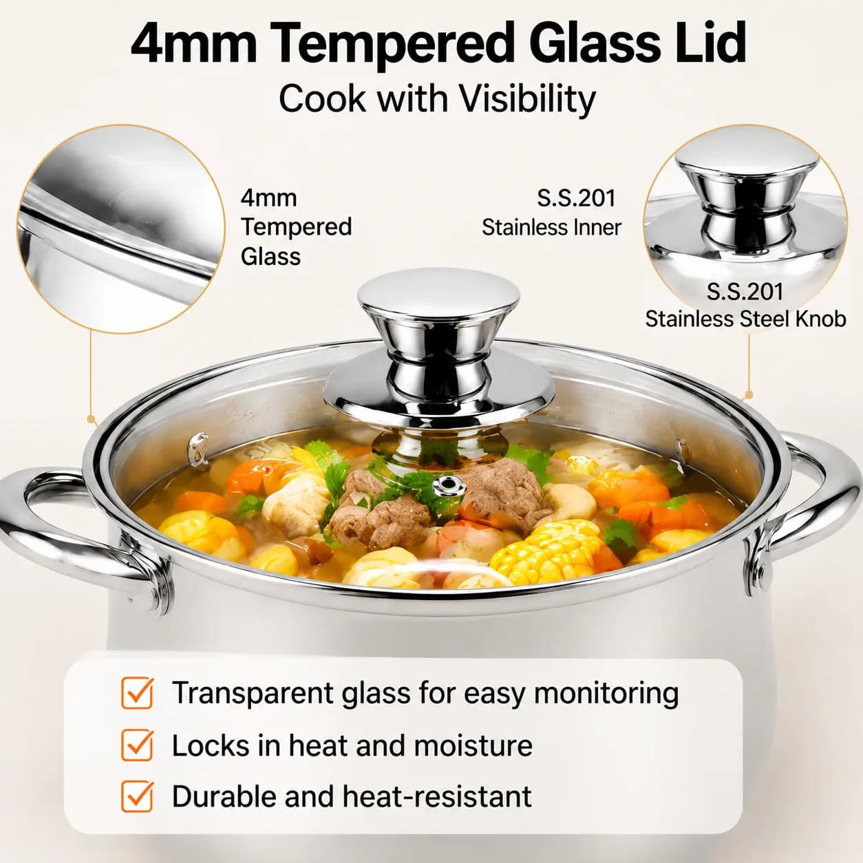 Factory Supply Stainless Steel Belly Shape Casserole Set With Stainless Steel Handle and Glass Lid Brazed Bottom Pots Casserole