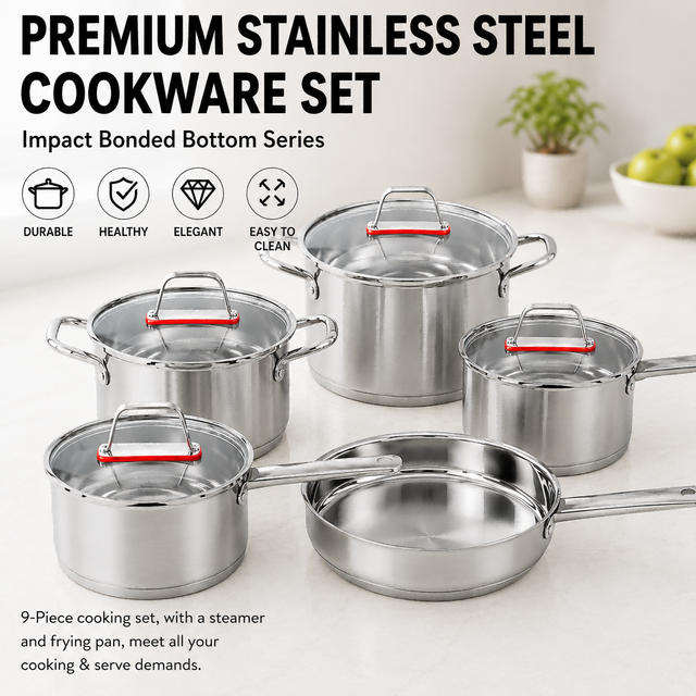 Factory New Arrival Stainless Steel Cookware Sets with Handle Cooking Pots Impact Bonded Bottom Cookware Set Saucepan Casserole