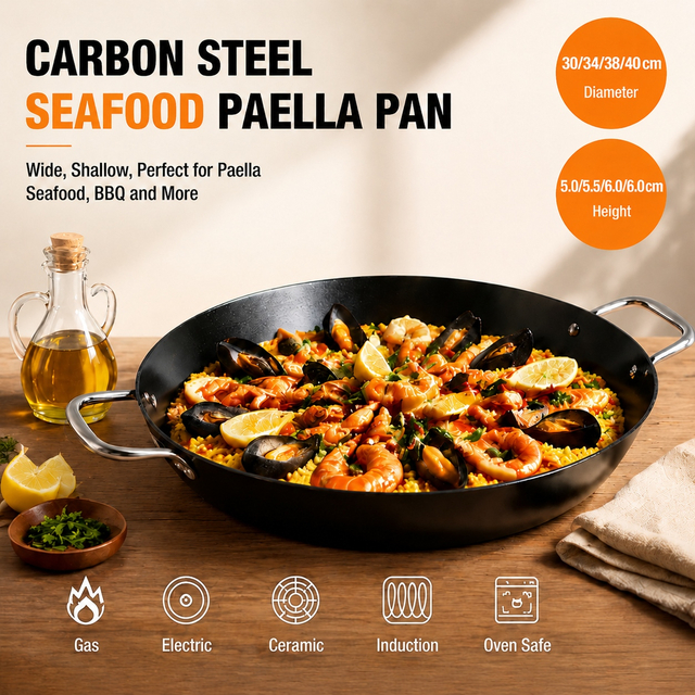 Factory New Arrival Exclusive Design Seasoned Carbon Steel 30/34/38/40cm Paella Pan Naturally Non Stick Pans Skillets Induction Compatible