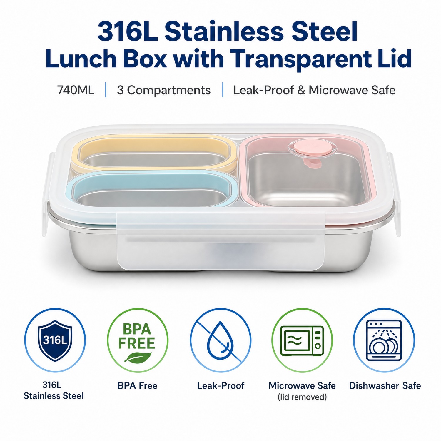 New Design Factory 304 Stainless Steel Fresh-keeping Lunch Box Kitchen Fruit Kids Food Container Crisper Set with Lid Handle 