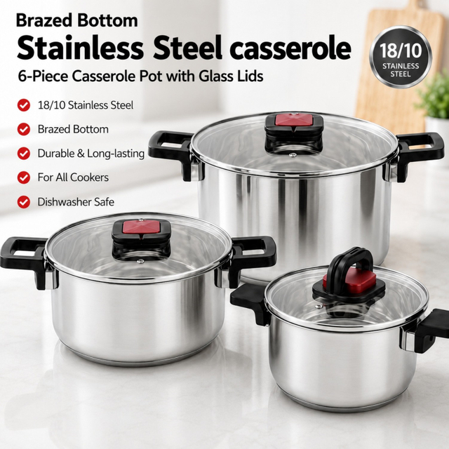 Factory New Arrival Multipurpose Wholesale Custom Kitchen Stainless Steel Cooking Pot Casserole Set Pot 6-Pieces Cookware Sets
