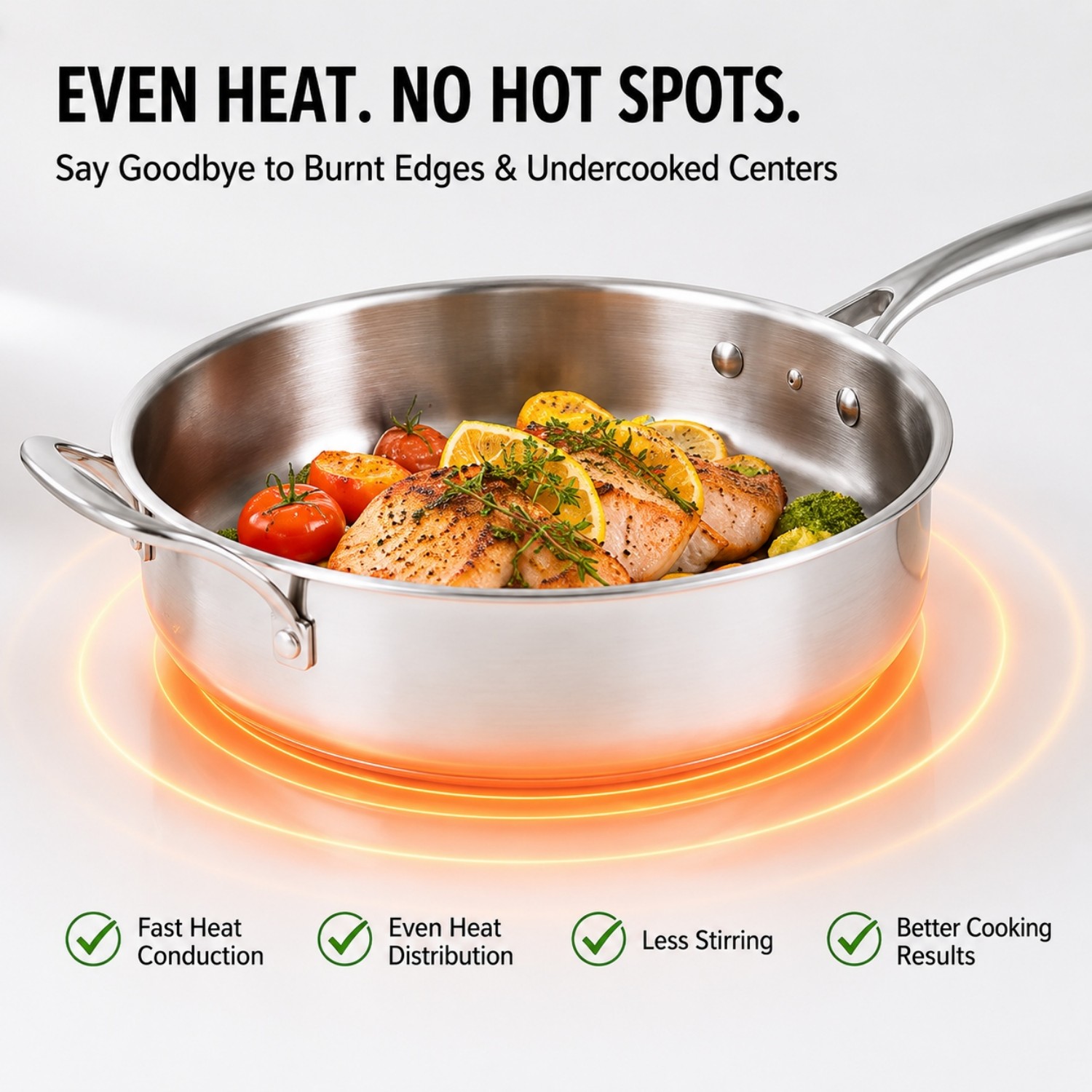 Hot Sale Factory New Arrival Non-coating Triply Stainless Steel Saute Pan Stainless Steel Pan with Handle Cooking Pots Skillets