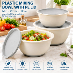 3-Piece Eco-Friendly Plastic Kitchen Mixing Bowl Set with PE Lid Versatile Salad Bowl Non Slip Nesting for Salad Cooking Baking 