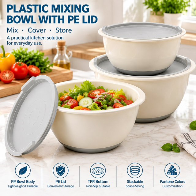 3-Piece Eco-Friendly Plastic Kitchen Mixing Bowl Set with PE Lid Versatile Salad Bowl Non Slip Nesting for Salad Cooking Baking 