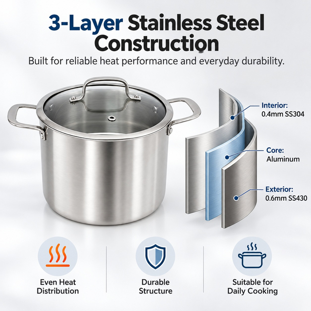 Factory Supply Tri-ply Stainless Steel Tall Stockpot Set With Stainless Steel Handle & Glass Lid Stockpot Suitable All Cooktops