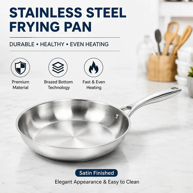 Factory Supply Wholesale Stainless Steel Frying Pan Set Kitchen Cooking Brazed Bottom Frying Pan Set with Stainless Steel Handle